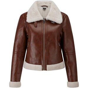 Women's Fur Leather Jacket Shearing Cropped Faux Fur Lined Moto Coat 156 Brown